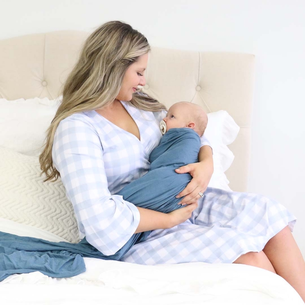 Caden Lane Dusty Blue Gingham Maternity Robe